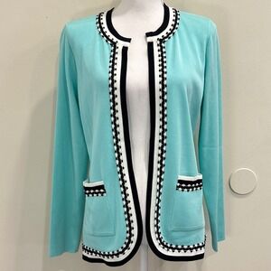 Misook Turquoise Stretch Knit Cardigan Jacket Contrast Trim Open Front Small